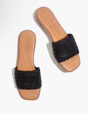 Madewell The Lianne Black Square Toe Woven Leather Slide Sandals